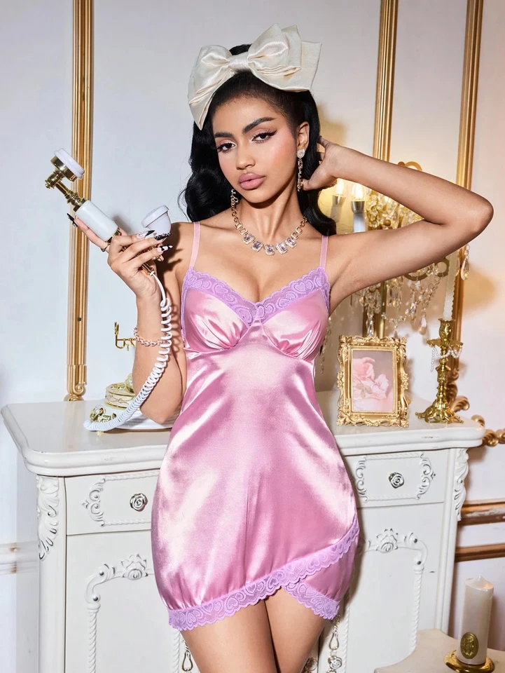 L Camisón de satén Kawaii Lolita Ropa de dormir Mujer Travesti Sissy Lencería Foto 2 de 4