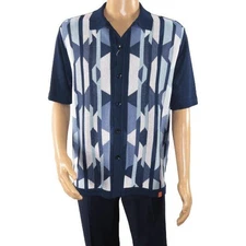 Mens Stacy Adams Italian Style Knit Woven Shirt Short Sleeves 3117 Navy Blue