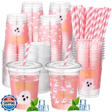 Jingmore 50 Pcs Halloween Ghost Party Disposable Plastic Cups 12 oz with Lids
