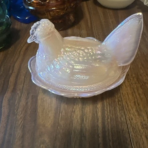 Vintage Fenton Pink Iridescent Glass Hen on Nest Chicken Dish Carnival Glass