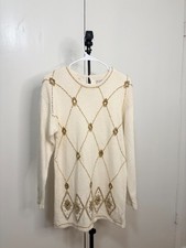 Vintage Karen Scott Petites Cream Beaded Sweater Silk Angora Blend Size PS