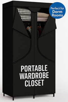 Black Portable Fabric Wardrobe Closet with Hanging Rod & Shelves Dorm Room Stora