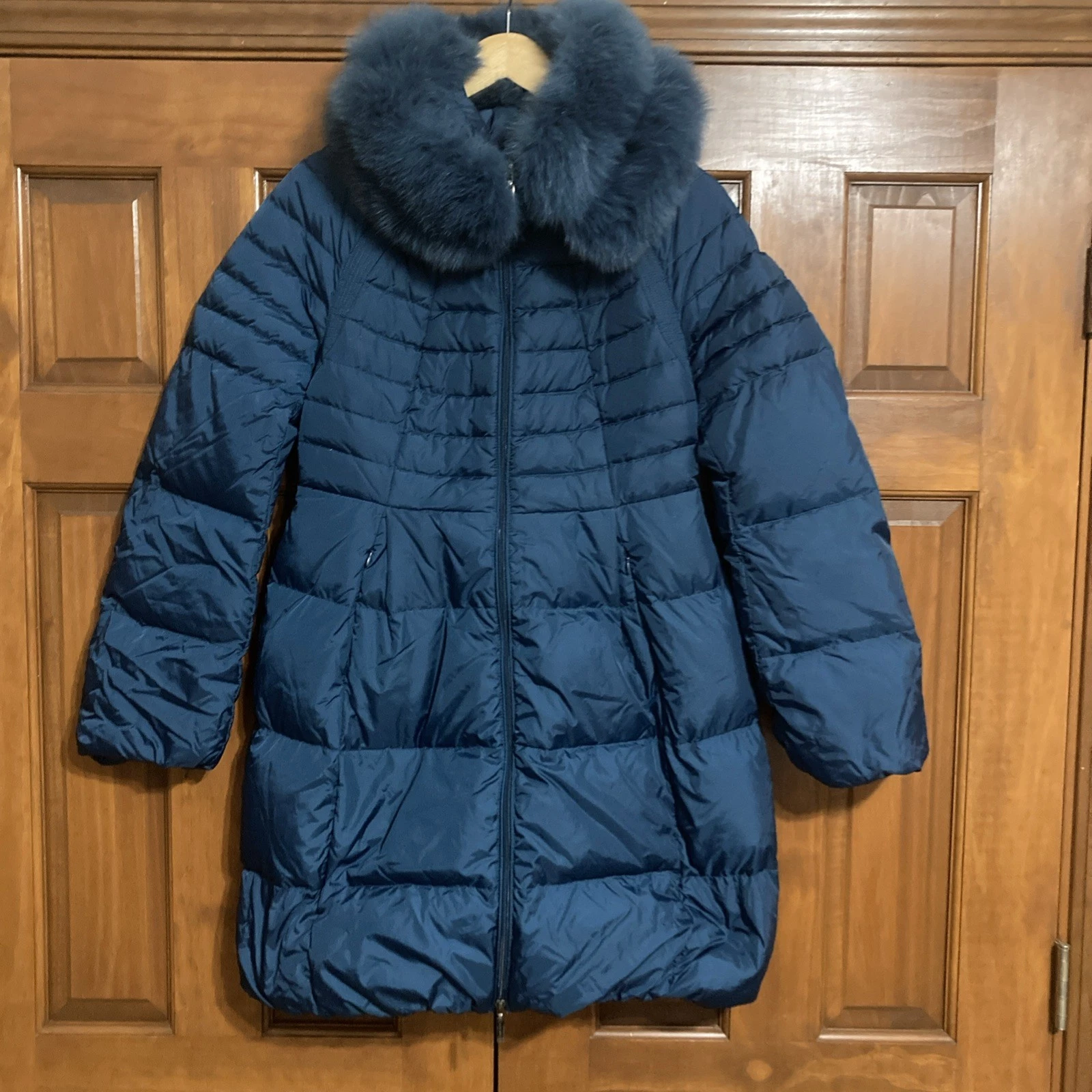 Silk and Soie Women’s Sz EU 42 US M Goose Down Teal Puffer Coat With Fur Collar