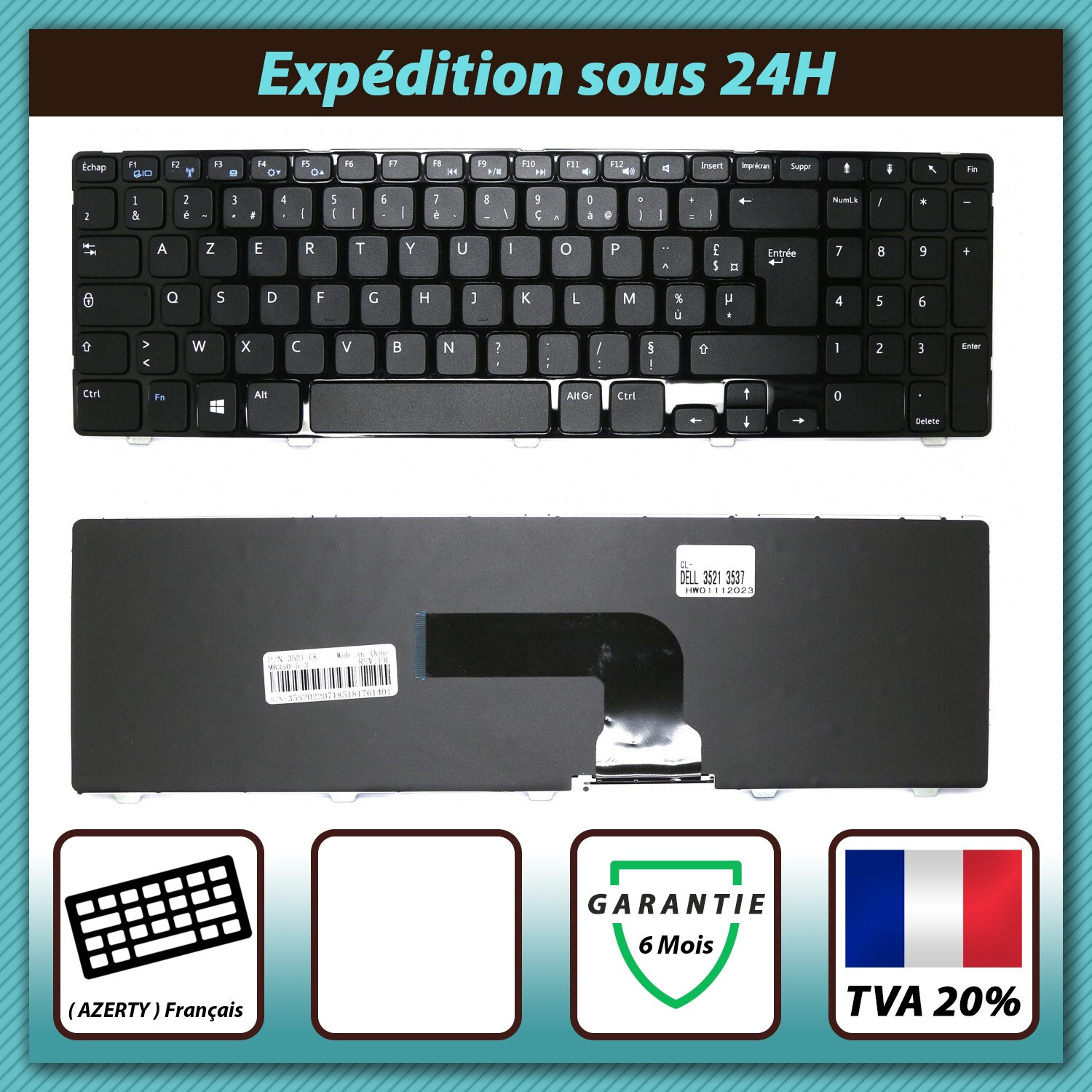Clavier AZERTY Dell Vostro 2521 avec touches silencieuses et nappe NSK-LA0SC