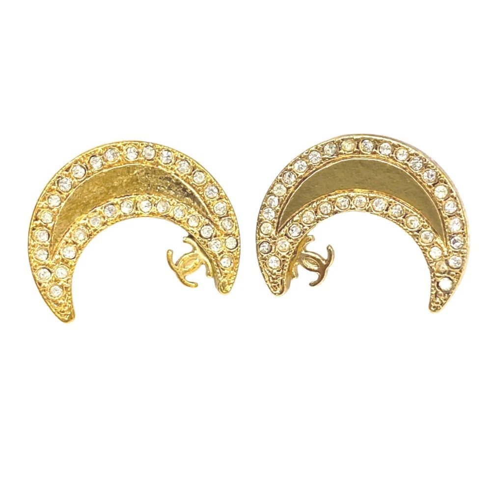 CHANEL Earrings CC Crescent Moon Rhinestone COCO Stud Clip On 01P