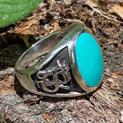 THICK SOLID STERLING SILVER DRAGON Sleeping Beauty TURQUOISE RING size 11