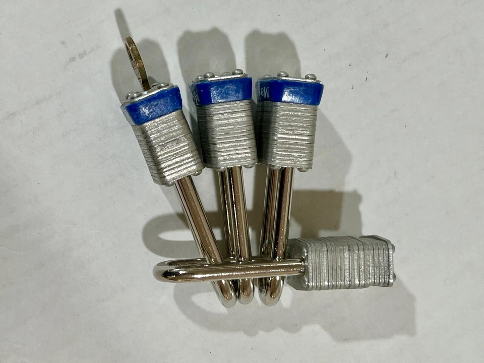 Set of 4: MASTER LOCK Padlock: Keyed Alike, Steel, Extended, Blue. One key.   - Image 2 of 4