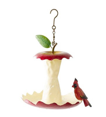 Handcrafted Metal Red Apple Core Bird Feeder With Cardinal For