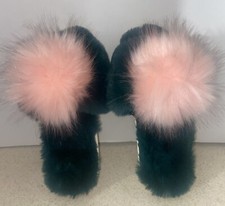 Shiraleah Chicago Women  s Green Fluffy Slippers with Pink Pom Pom M 6-8 X 
