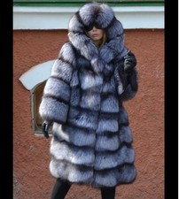 Luxury Women's Winter Natural Silver Fox Fur Coat Fluffy Thick Hooded Outerwear