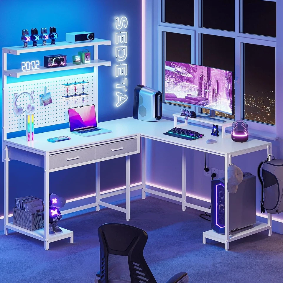 L Shaped Gaming Desk with LED Lights &Monitor Stand, Home Office Desk with Hutch - Image 4 of 4