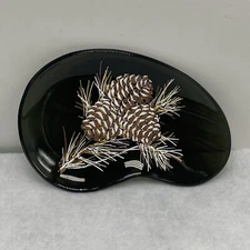 Vintage Pittsburgh Corning Painted Pinecone & Sprig Trinket Dish~Smokey Glass