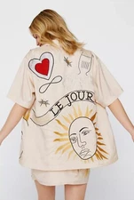 Nasty Gal Blouse Oversized Celestial Print Embroidered Boxy Shirt Size 12