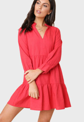 Womens Red Linen Cotton Long Sleeve Gathered Smock Dress With Cuffed  Sleeves | eBay