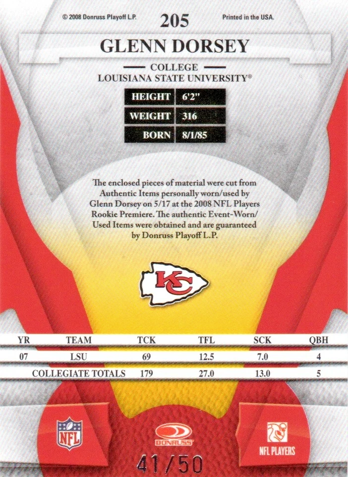 2008 Donruss Leaf Certified Chiefs Glenn Dorsey Freshman Fabric Serial #41/50 - Image 2 of 2