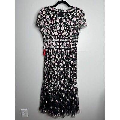 Mac Duggal Embroidered V Neck Cap Sleeve Midi Dress Black