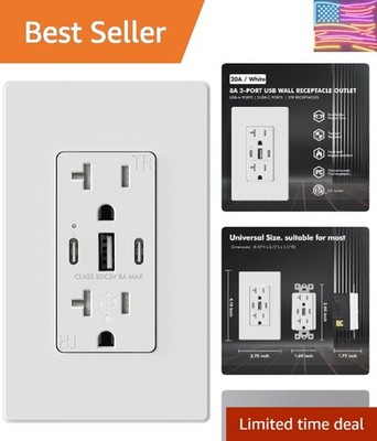 USB C Wall Outlet, 30W 6.0 Amp 3-Port USB C Outlet 15A Tamper Resistant Recep...