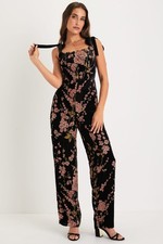 NWT Lulus Lush Aesthetic Black Floral Burnout Tie-Strap Wide-Leg Jumpsuit - XL