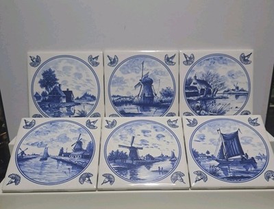 Vintage Delft Style 4.25  Ceramic Tiles Nautical Circle Set of 6