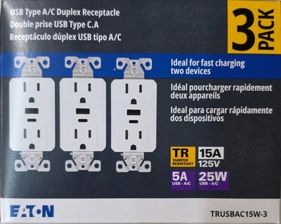 Eaton 15A 125V/AC/ Duplex Receptacle With USB A & C Charge Ports (3-Pack)