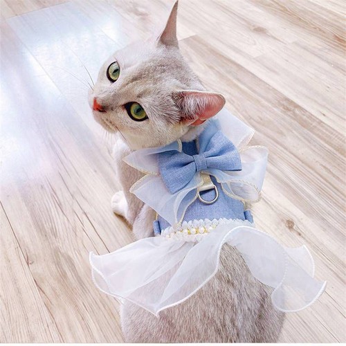 Cute Pet Cat Harness Dress Cat Vest Clothes Small Pet Lead Pearl Bowtie Fancy - Picture 9 of 16