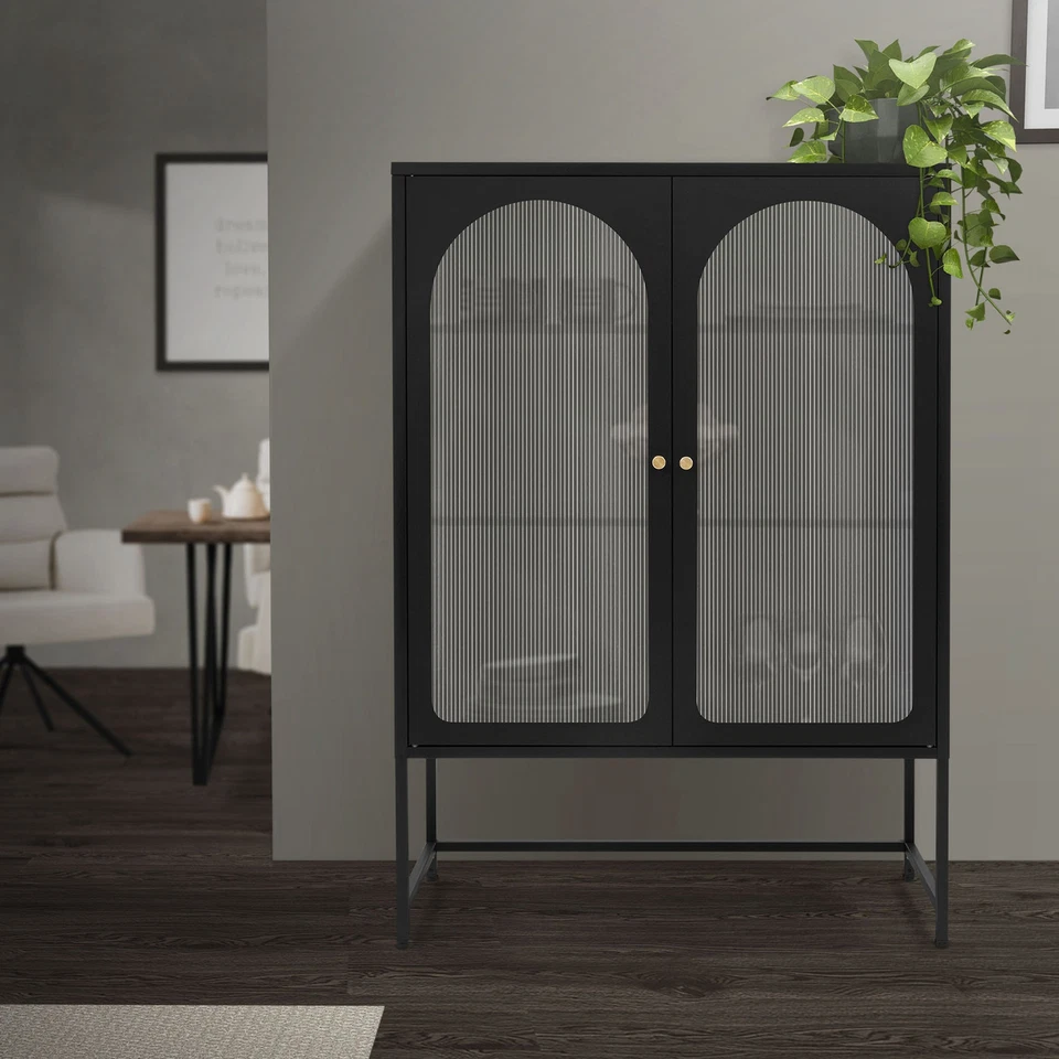 Vitrina de salón negra elegante armario de acero con estantes de almacenamiento - Imagen 2 de 4