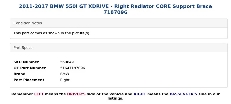 BMW 550I GT XDRIVE 2011-2017 - Soporte núcleo radiador derecho 7187096 Foto 4 de 4
