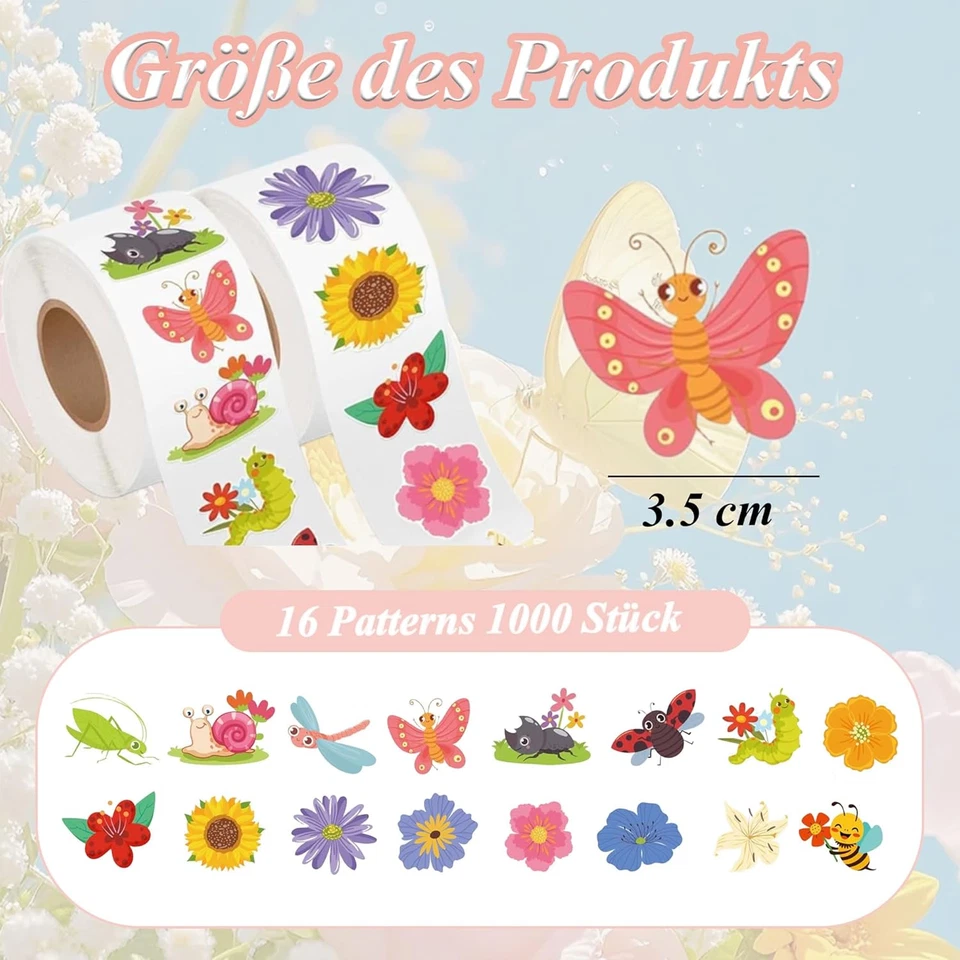 JAXICREY Sticker Blumen 1000 Stück Aufkleber Insekten Schmetterling - Bild 2 von 4