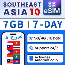 Southeast Asia 10 Countries eSIM - 7GB High-Speed, 7 Day JetSim/Travel SIM