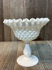 Vintage Fenton Hobnail Milk Glass Compote Dish Ruffled Edge Pedestal Bowl