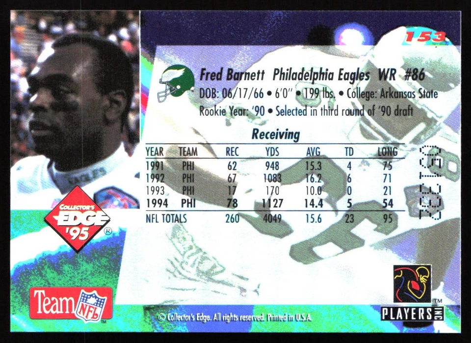 1995 Collector's Edge #153 Fred Barnett Gold Logo - Image 2 of 2