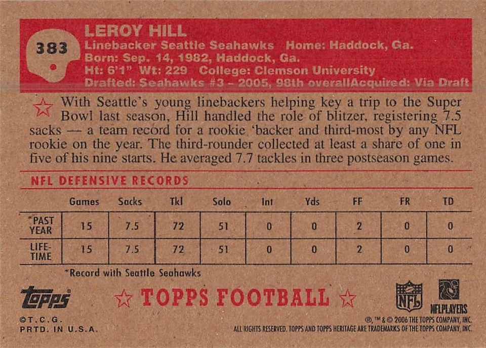 LEROY HILL 2006 TOPPS HERITAGE FOOTBALL #383 - Image 2 of 2