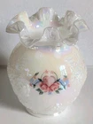 Fenton Iridescent Glass Roses HP Hearts Flowers Ribbons Bulbous 6 1/2" T  Vase