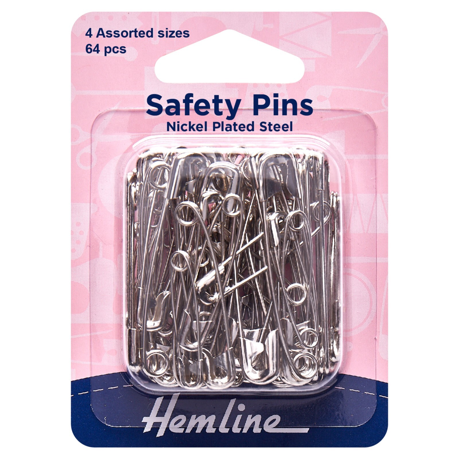 Nickel Safety Pins, Assorted sizes, 64 pins, Hemline, H410 99 64