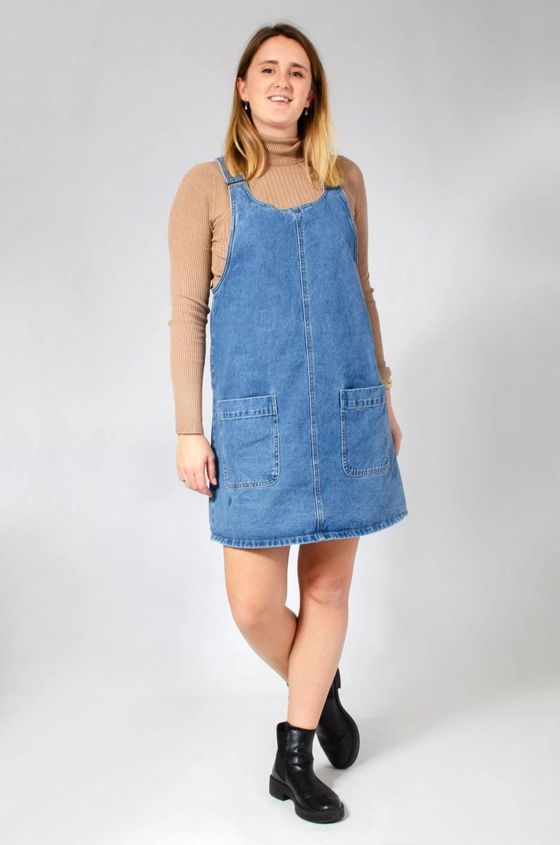 NUTMEG Blue Denim Pinafore Dress Dungaree Front Pockets Relaxed Fit