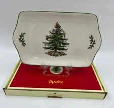 Spode Christmas Tree Green Edge Dessert/Appetizer Tray Rectangle 12"X7" in Box