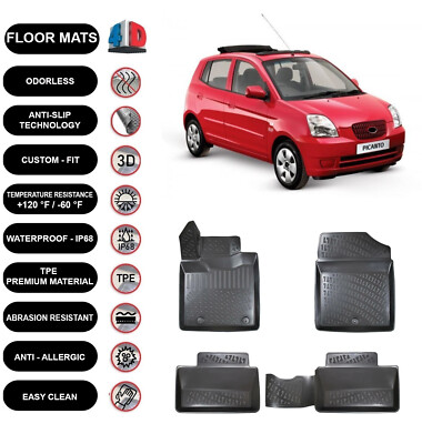 Floor Mats Liner Fits Kia Picanto (2003-2010) Waterproof 3D Molded 4pcs
