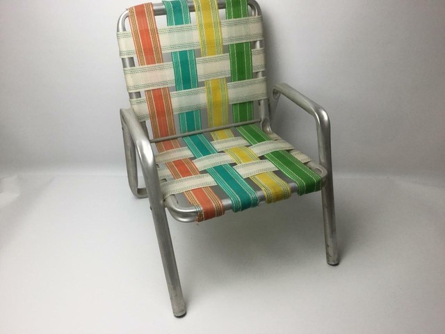 Vintage Child Aluminum Stationary Lawn Patio Chair Rainbow Webbing For Sale Online