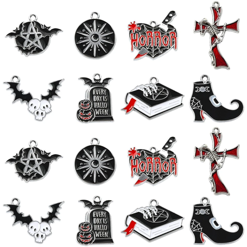 16 piezas dijes de Halloween esmaltados góticos calavera murciélago dijes para hacer joyas Foto 2 de 4
