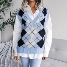 Damen Ärmellose Strick Weste Pullover Jumper Locker Tank Top Argyle Diamant