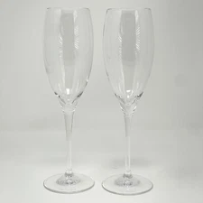DOM PERIGNON Champagne Flutes Etched Shield Logo Crystal 9" France Set Of 2