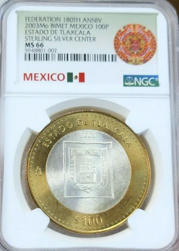 2003 MEXICO SILVER 100 PESOS ESTADO DE TLAXCALA NGC MS 66 PQ GEM BU TOP POP 1