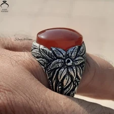 Unique Handmade Yemeni Aqeeq Agate Ring Red Natural Oval Stone Jewelry