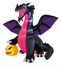 9FT Halloween Inflatable Black Dragon with Pumpkin LED Light Up Yard Decor