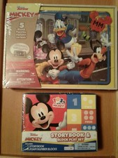 DISNEY JUNIOR MICKEY 5 WOOD PUZZLE SET and STORYBOOK BLOCK PLAY SET, Brand New