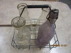 VTG 4 Glass Bottles with Metal Carrier Quart Size