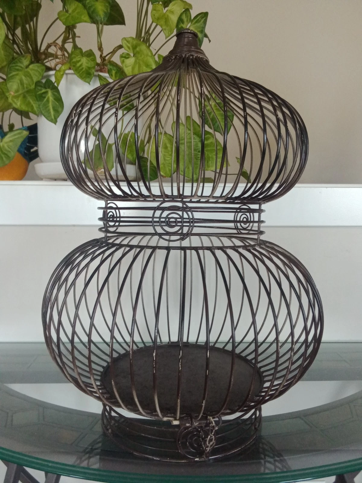 Vintage Bird Cage Ornate Iron Round Metal Dome Chain Latch Bottom Swings Open
