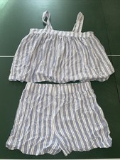 Blue  White Striped Two-Piece Lounge Set Elastic Waist Shorts  Strap Top Large