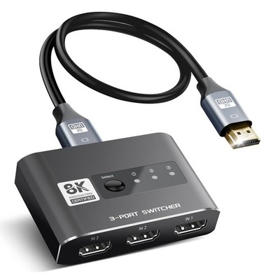 8K HDMI Switch 3-in-1 Out with Remote   Auto Switcher for PS5/TV/Fire Stick