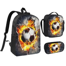 Soccer Kid Backpack Set with Lunch Bag Pencil Case Large Capacity School Ba...